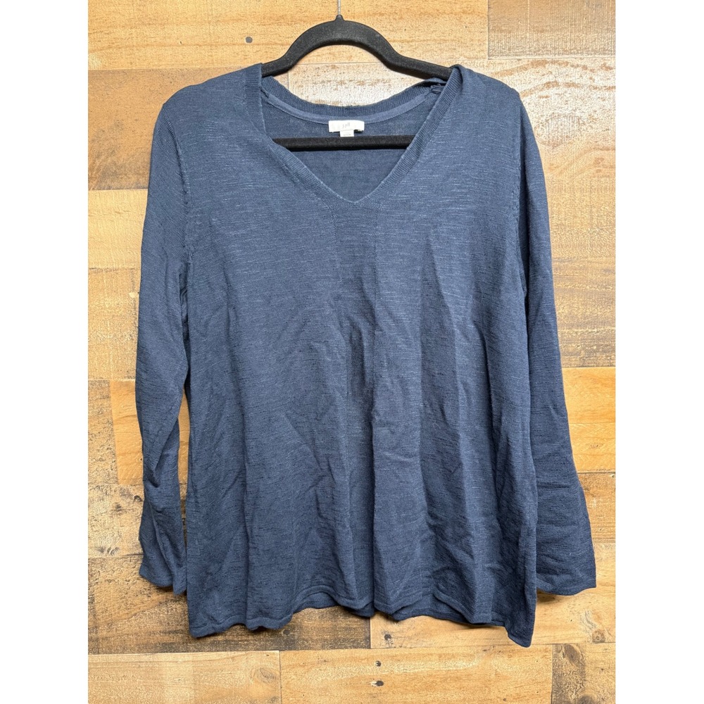J. Jill Womens 1X Navy Blue V-Neck Cotton Linen Blend Lightweight Knit Sweater